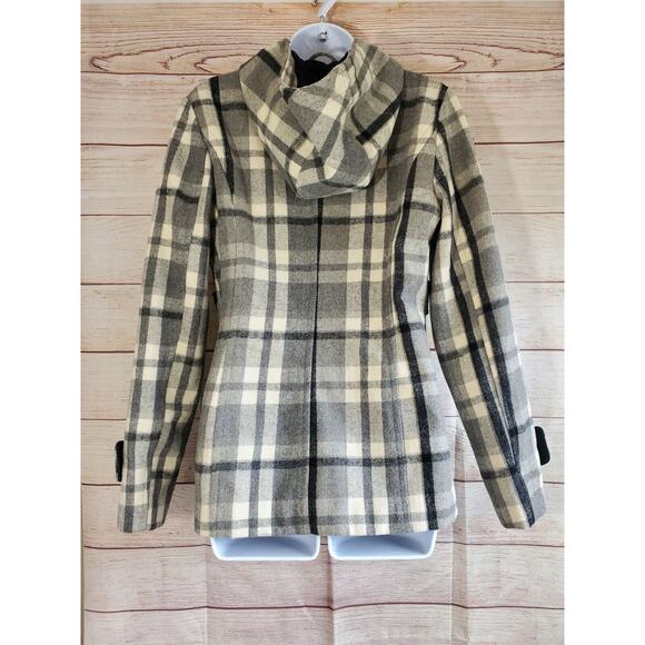 Covington Wool Blend Plaid Hooded Zip Up Coat Jacket Peacoat Gray White SM - Picture 2 of 7